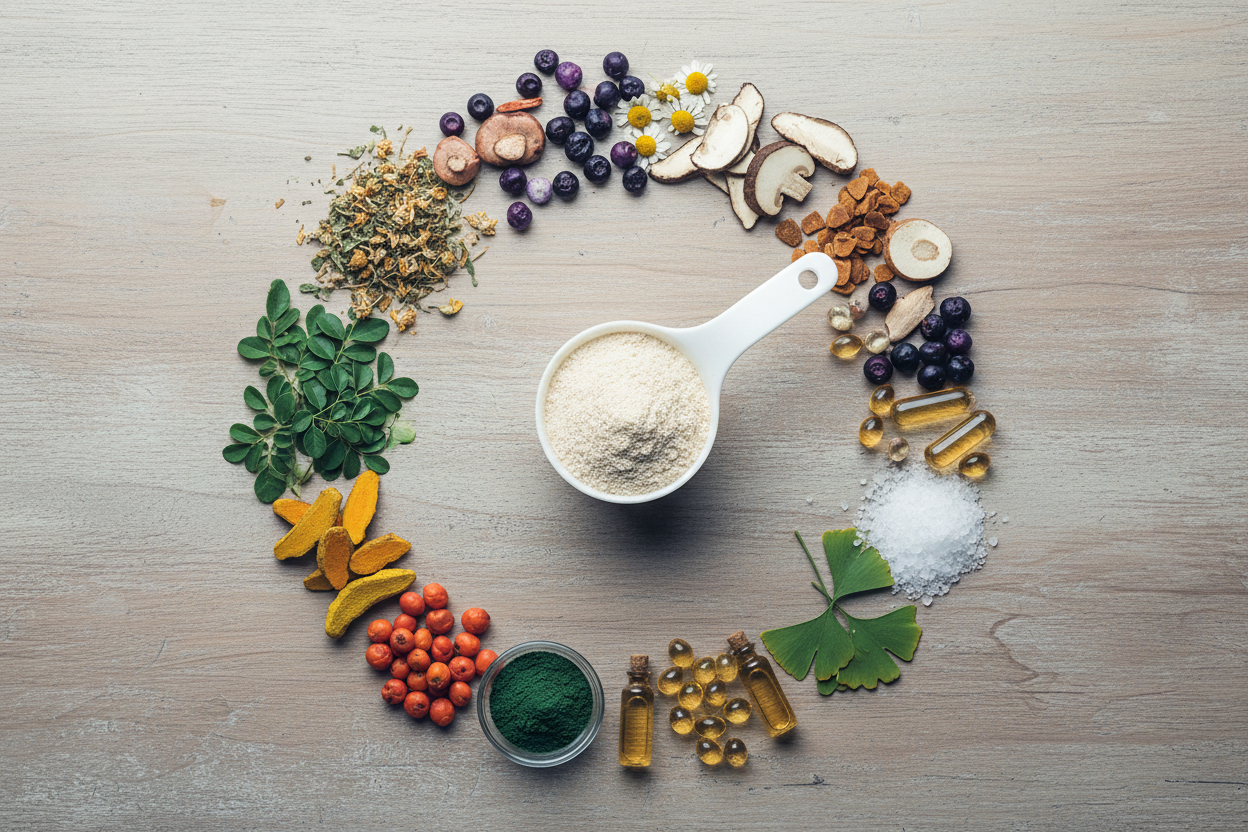 can you make an image of a scooper with powder in it surrounded by raw ingredients that are in my product